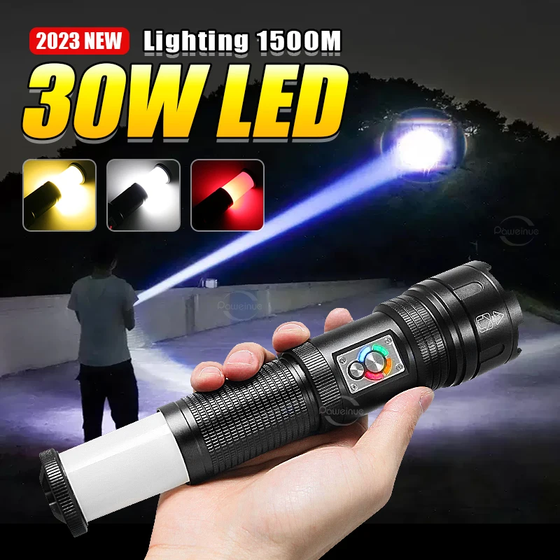 

High Power Led Flashlights Super Bright Long Shot 30LED+COB White Laser Torch Power Bank Lantern Work Light Camping Self Defense