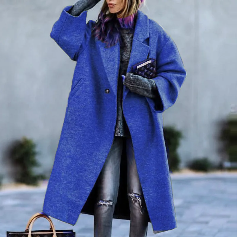 

Женское шерстяное пальто, однотонное длинное повседневное простое пальто с отложным воротником и длинными рукавами, куртка с карманами на одной пуговице для осени и зимы