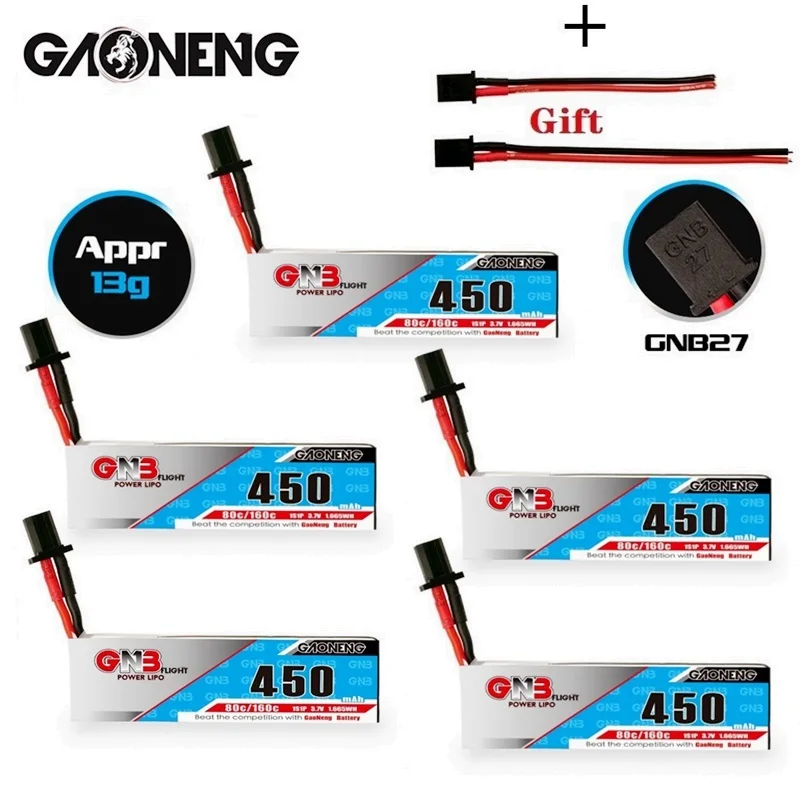 MAX 80C/160C GNB 1S 3.7V 450MAH HV Lipo Battery GNB27 Plug For RC Helicopter Quadcopter FPV Racing Drone Parts 5PCS 
MAX 80C/160C GNB 1S 3.7V 450MAH HV Lipo Battery GNB27 Plug For RC Helicopter Quadcopter FPV Racing Drone Parts 5PCS