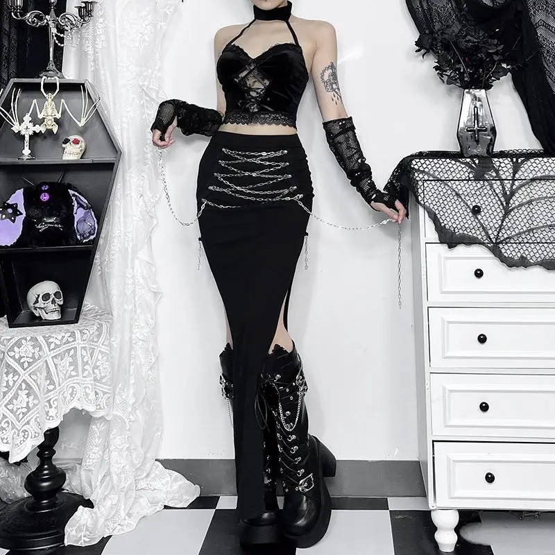 Dark punk metal chain high open fork bustier skirt female gothic waist thin long skirt fashion play women 2024
Dark punk metal chain high open fork bustier skirt female gothic waist thin long skirt fashion play women 2024
