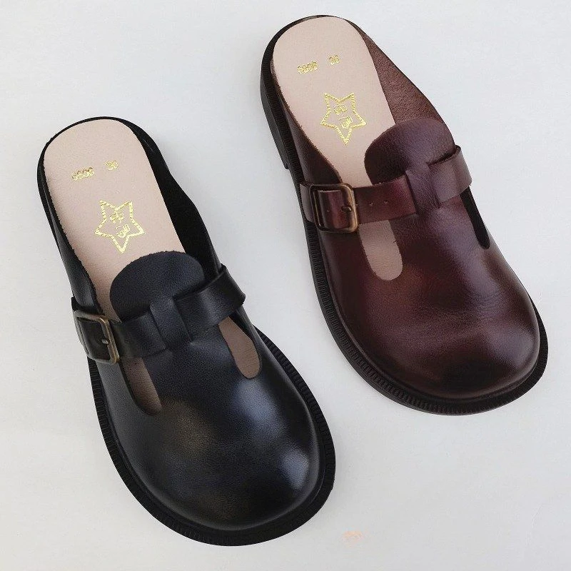 

Summer Genuine Leather Wide Head Muller Shoes Joker Casual Baotou Semi-slipper Cowhide Shoes