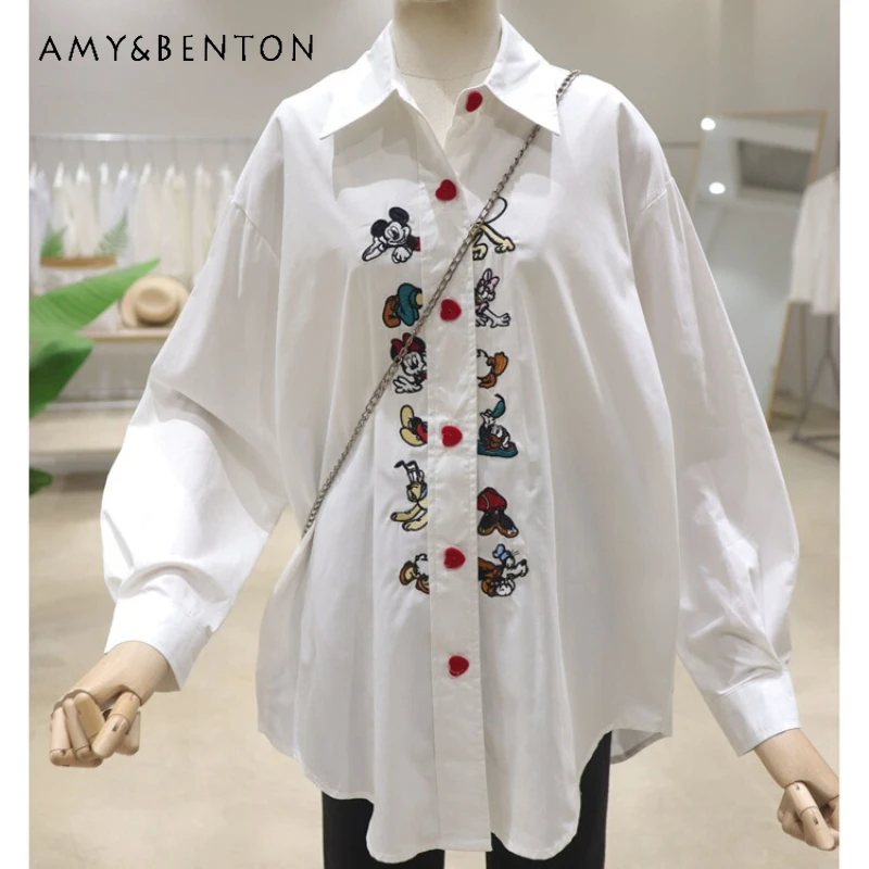 

Potdemiel Love Breasted Cartoon Embroidered Blouse 2024 Spring Loose Mid-Length Below The Hip Long Sleeved Shirt For Women's Top