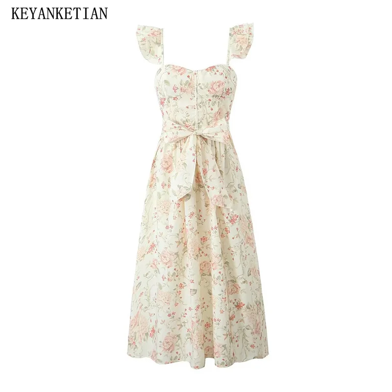 

KEYANKETIAN 2024 New Launch Pastoral style Flower Print Support Embellished MIDI Dress Women Bow Lace Up Slim Sweet A-line Dress