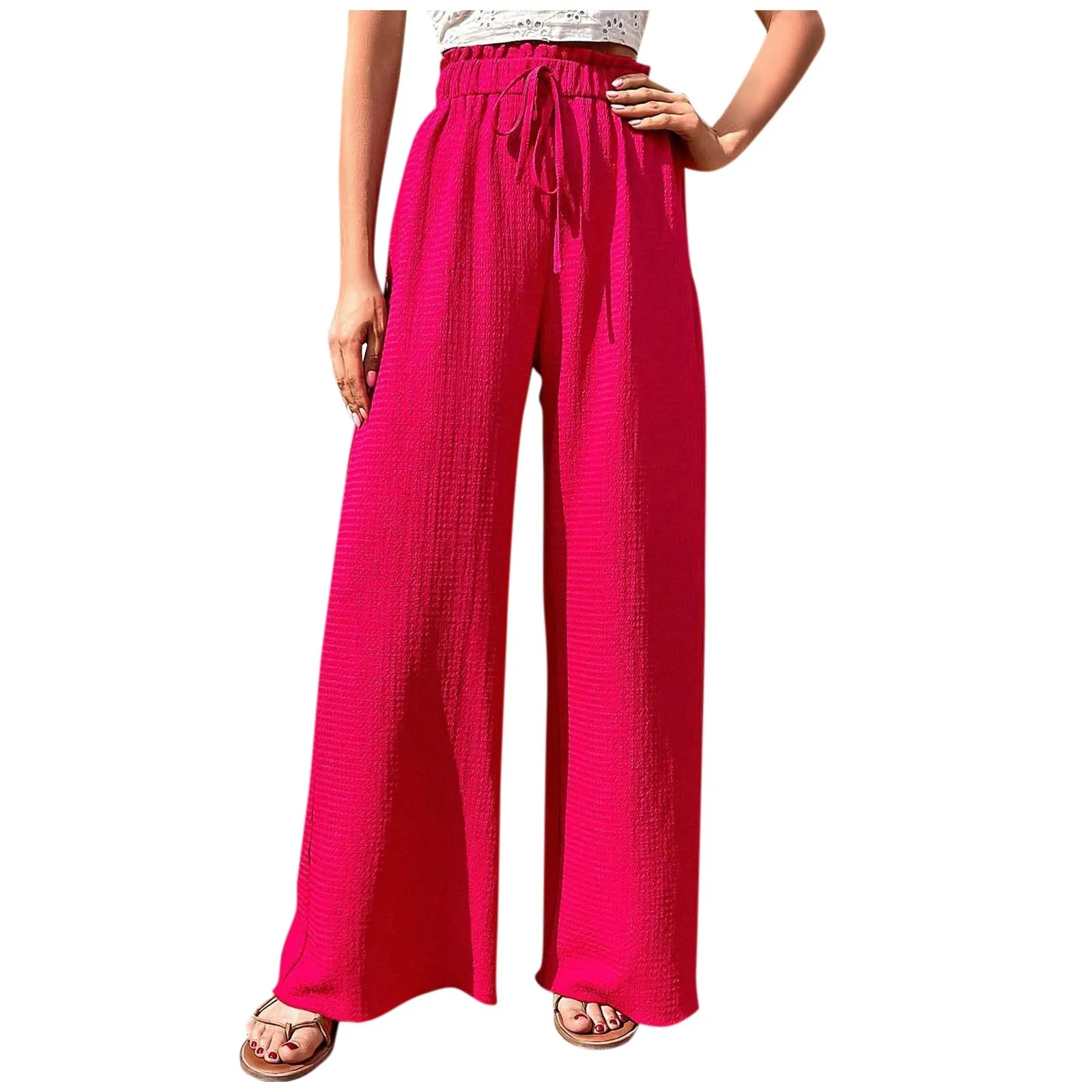 

Women'S Casual And Fashionable Solid Color Versatile Strapping Bubble Plaid Wide Leg Pants Causal Full Length Trousers Vintage