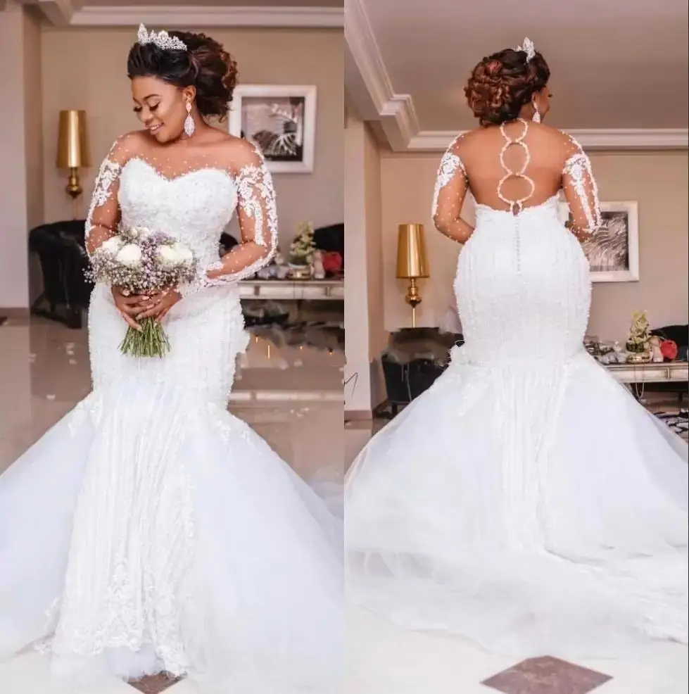 

Beading Mermaid Wedding Dresses Long Sleeve Appliques Pearls African Bridal Gowns Plus Size Vestido De Noiva
