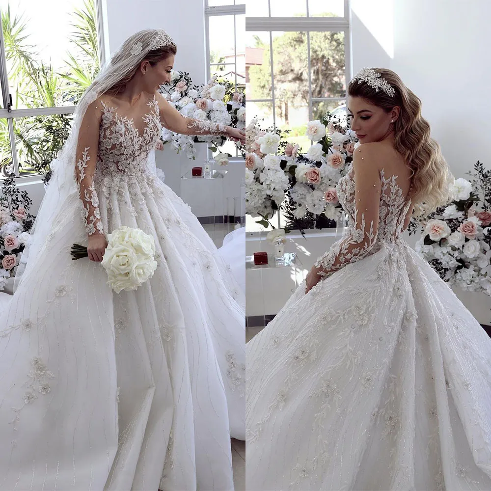 

Ball Gown Wedding Dress Long Sleeves Lace Appliques Sequins V Neck Ruffles Train Bridal Gowns 3D Flower Robe De Mariée Plus Size
