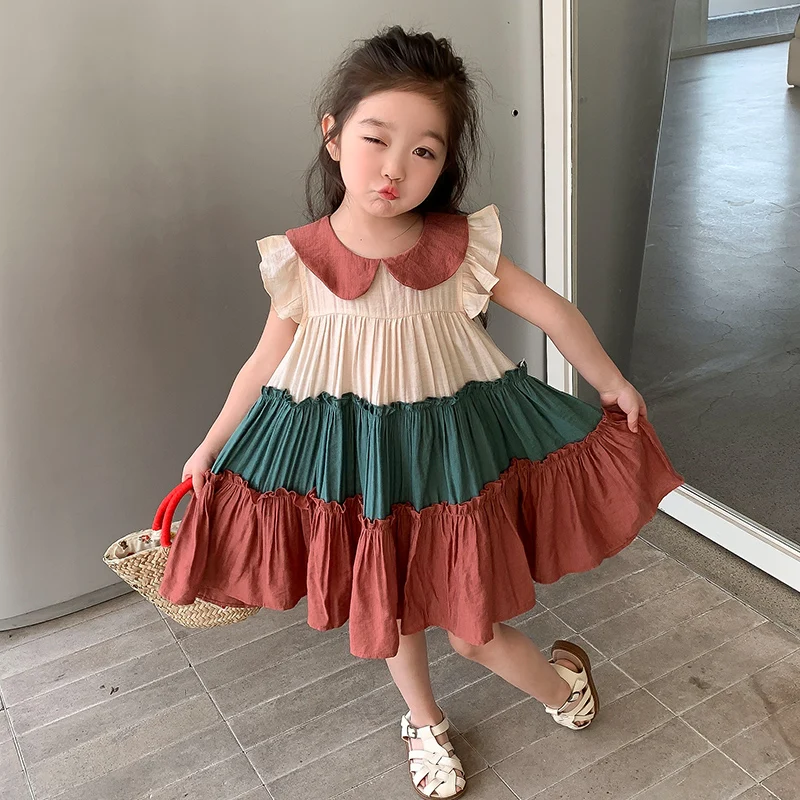 

2023 Girl Kids Dress Girl Dresses for Very Elegant Party Ruffled Floral Print Splice Belted Flutter-sleeve Dress Girl Clothing