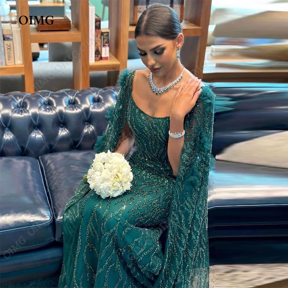 

OIMG Green Shiny Sequins Dubai Evening Dresses Arabic Women Sparkly Beads Long Cape Sleeves Prom Gowns Formal Party Dress