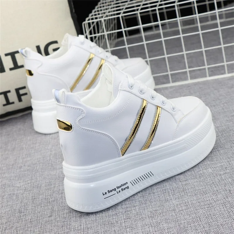 

2021 Hidden Heels Women Platform Wedge Sneakers Ladies Leather Golden White Shoes Female Krasovki Tenis Feminino Casual 40