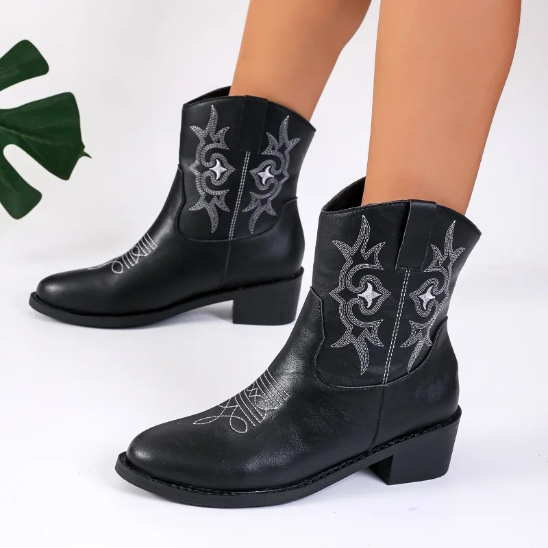 

Brand Embroidered Western Mid- Calf Boots Autumn Winter Women's Boots Pointed Square Heels Rotro Roman Lady Shoes Botas De Mujer