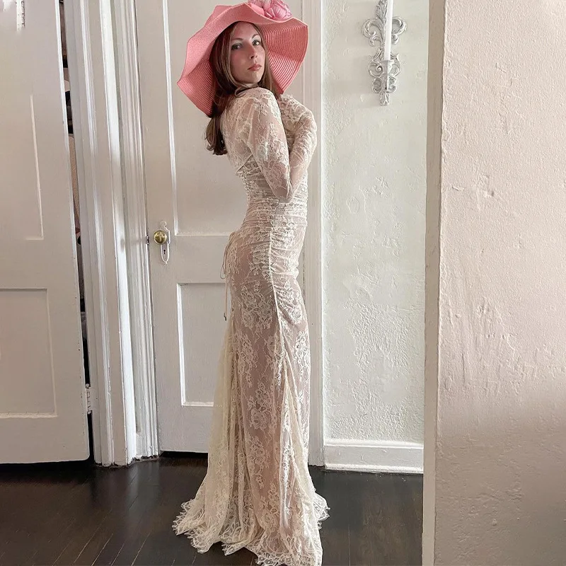 

Women's Sexy Lace Slim-Fit Flared Sleeves High Waist Dress 2023 Autumn New Dress Women Fashion Spaghetti Strap Slash Neck Dress