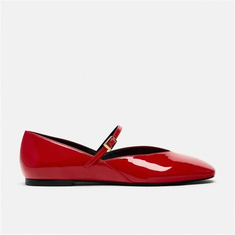 Woman Red Mary Jane Shoes 2024 Summer Chic Faux Patent Leather Flats Womens Fashion Round Toe Buckle Strap Single Shoes Woman Red Mary Jane Shoes 2024 Summer Chic Faux Patent Leather Flats Womens Fashion Round Toe Buckle Strap Single Shoes