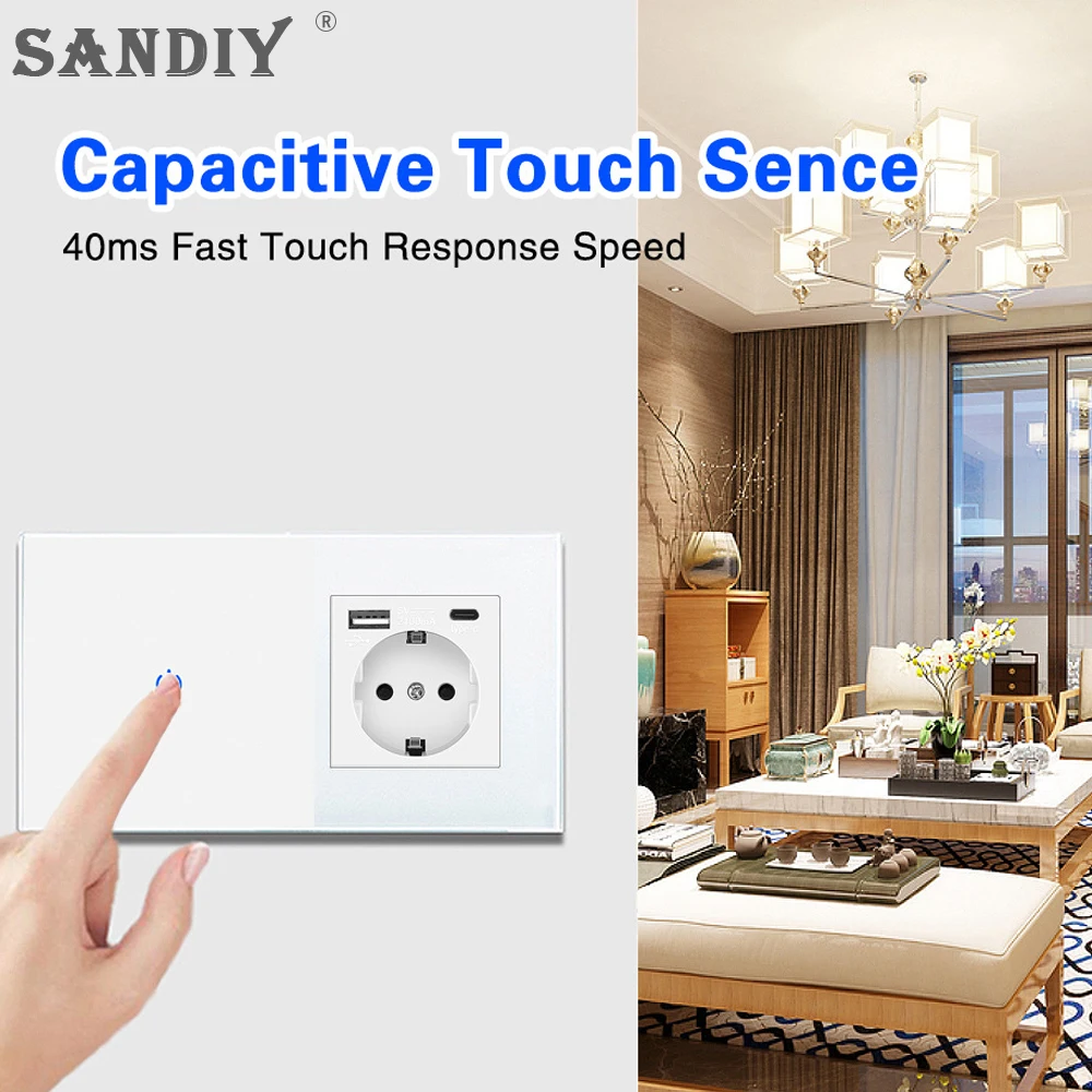 SANDIY Wall Touch Switch with Socket Eu Smart Light Switch White 1 2 3 Gang 2/3 Way for Crystal Glass Panel Home Improvement
SANDIY Wall Touch Switch with Socket Eu Smart Light Switch White 1 2 3 Gang 2/3 Way for Crystal Glass Panel Home Improvement