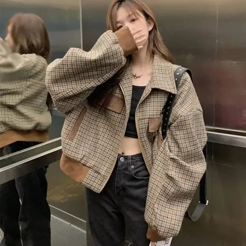 

Vintage Houndstooth Coat Baseball Cropped Tops Zipper Patchwork Long Sleeve Jacket Plaid Short Winter Female Outwear D102