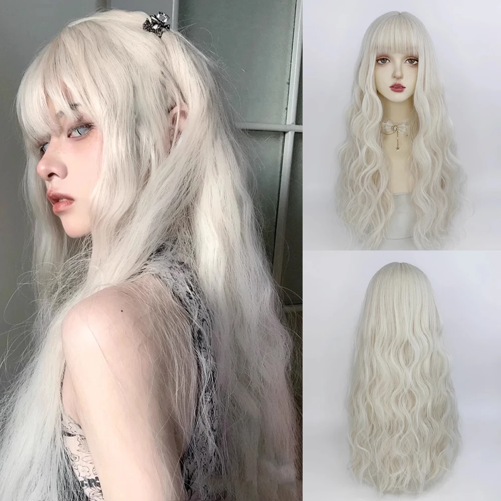 

Beige White Synthetic Long Wavy Curly Hairstyle Wig with Bangs Women Natural Lolita Cosplay Hair Wig for Daily Party