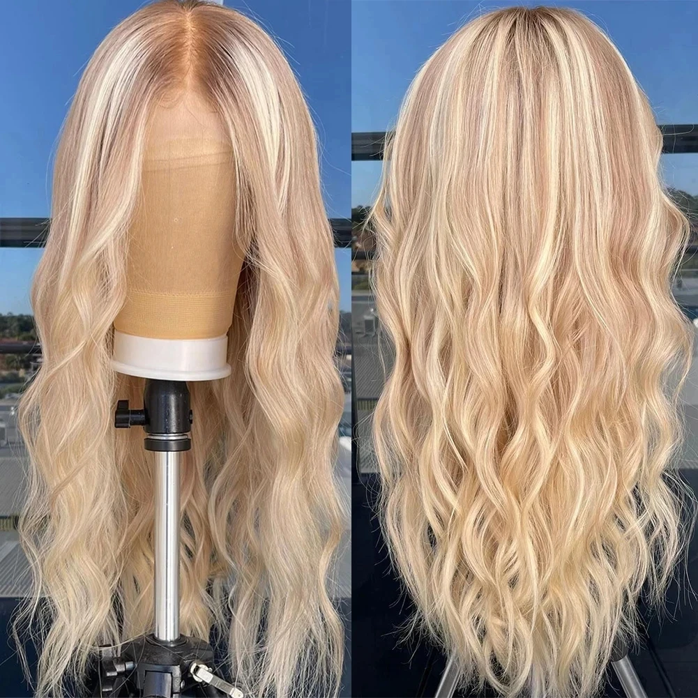 

QW Light Blonde Highlights Ombre Color Glueless Synthetic Hair Wigs for Women Lace Frontal Wig Roots Loose Wave Wig PrePlucked