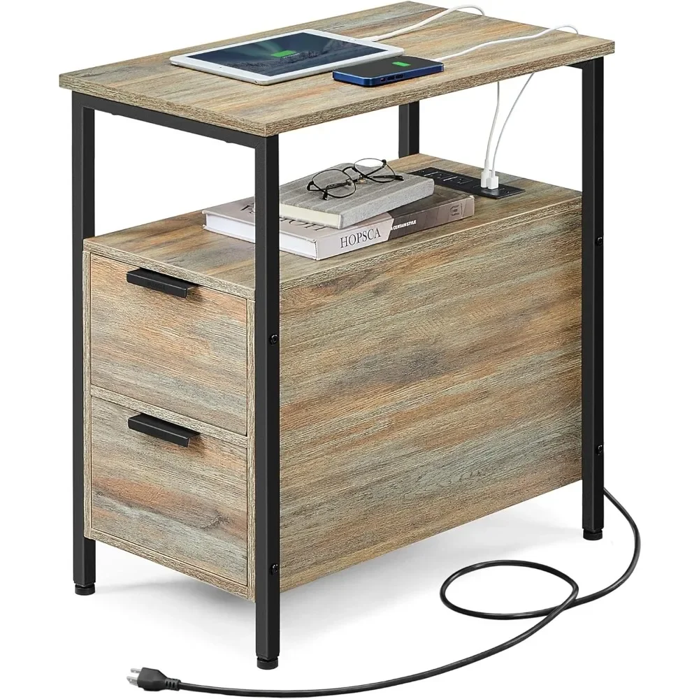 

Side Table with Charging Station,Narrow End Table with 2 Drawers,Slim Nightstand and Bedside Table with Storage,for Small Spaces