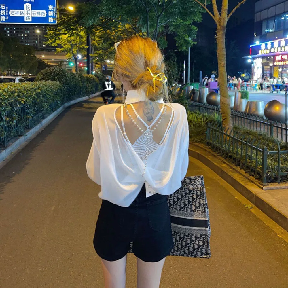 

Fashion Chiffon Backless Sunscreen Long Sleeve Womens Shirt Solid Transparent Lace Camisole Back Summer Casual Ladies Blouse Top