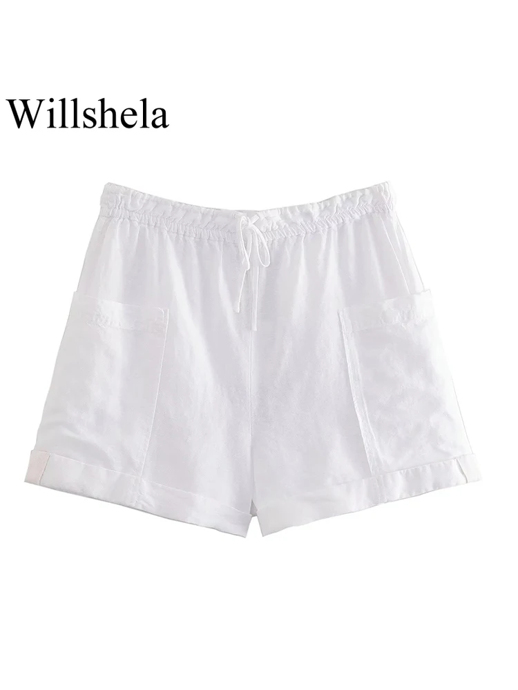 Willshela Women Fashion With Pockets White Lace Up Mini Cargo Shorts Vintage High Elastic Waist Female Chic Lady Shorts 
Willshela Women Fashion With Pockets White Lace Up Mini Cargo Shorts Vintage High Elastic Waist Female Chic Lady Shorts