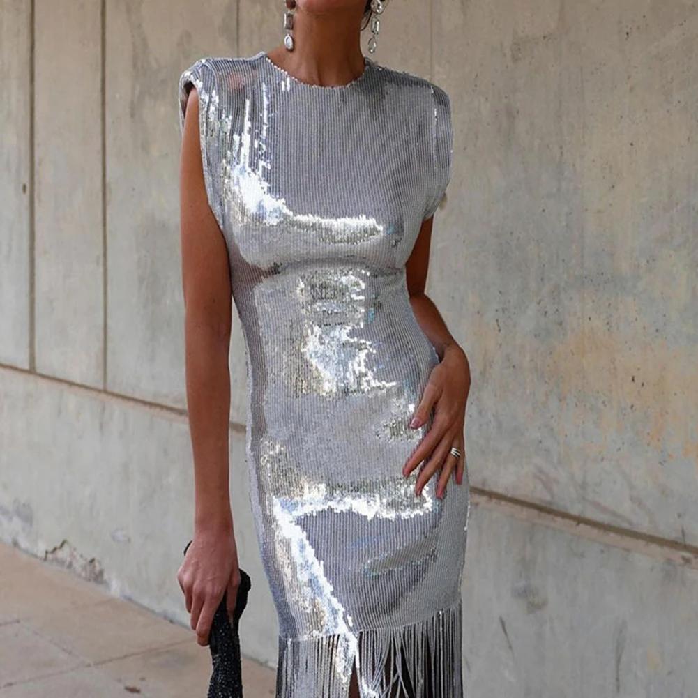 Summer Women Elegant Sequin Tassel Short Dress Solid Color Slim O-Neck Sleeveless Ladies Party Club Sexy Mini Dresses
Summer Women Elegant Sequin Tassel Short Dress Solid Color Slim O-Neck Sleeveless Ladies Party Club Sexy Mini Dresses