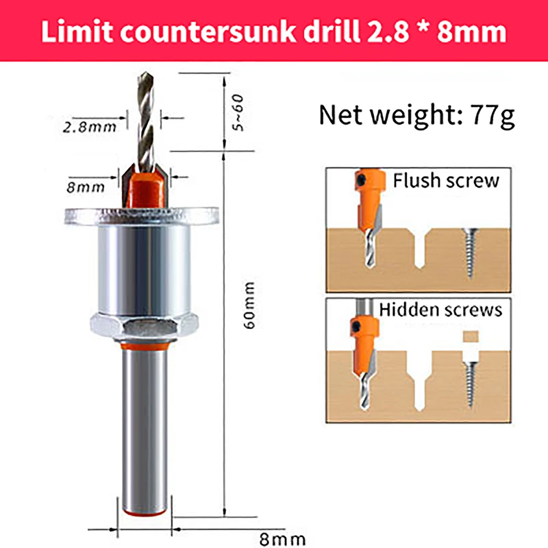 

8 мм хвостовик, регулируемый зенкер, деревообрабатывающий фрезерный станок, ограничитель сердечника, сверла из сплава, сверло по дереву, Фрезерный резак, винт 2,8 мм 3 мм