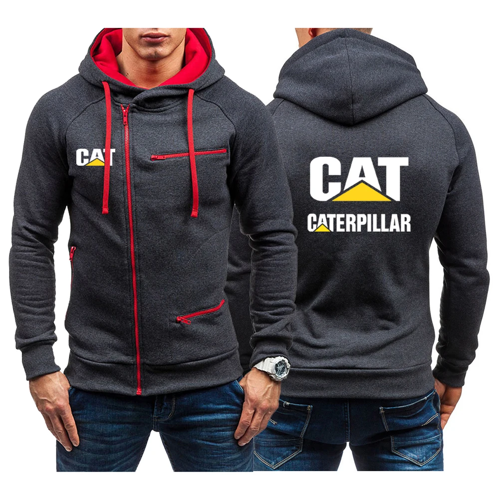 

New Spring Autumn CAT Caterpillar Logo Print Cotton Hooded Sweatshirts Solid Color Sports Oblique Zip Design Trendy Man Hoodies