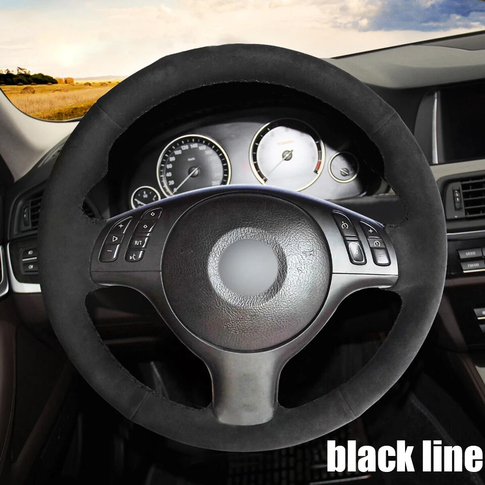 

1pc 37-38CM Universal Car Steering Wheel Cover Black Elastic Suede Hand Sewn Alcantara Material Suitable For All Seasons