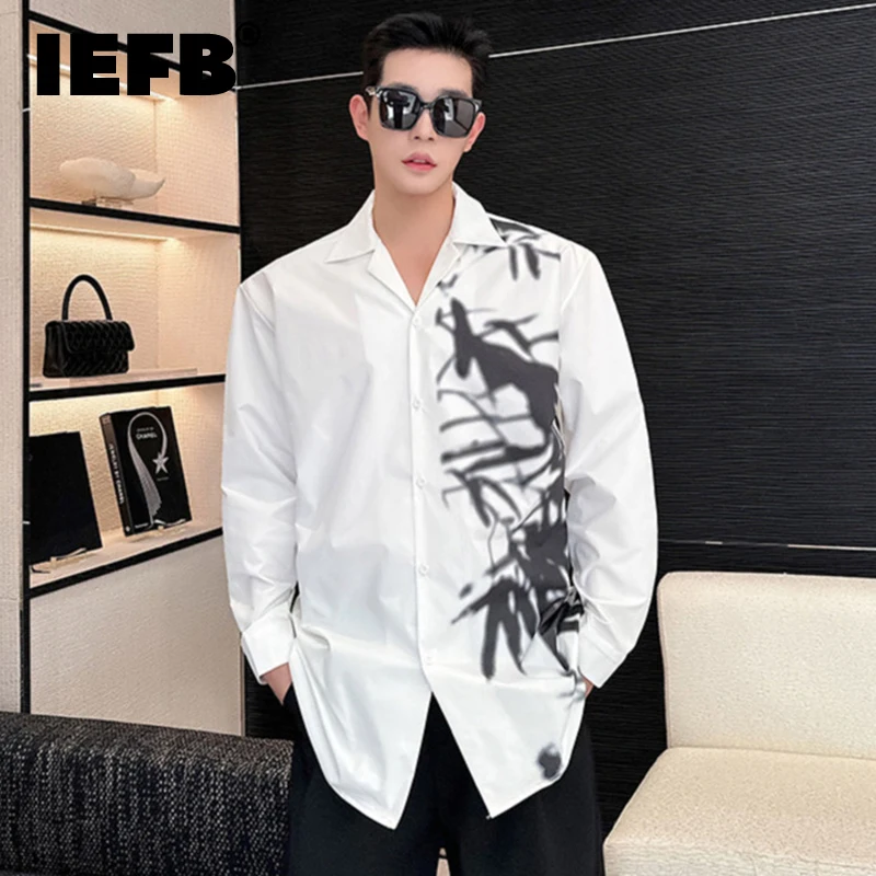 

IEFB Male Shirts Niche Design Ink Painting Printing Contrast Color Lapel Loose Men's Long Sleeve Shirt Casual Spring New 9C4980