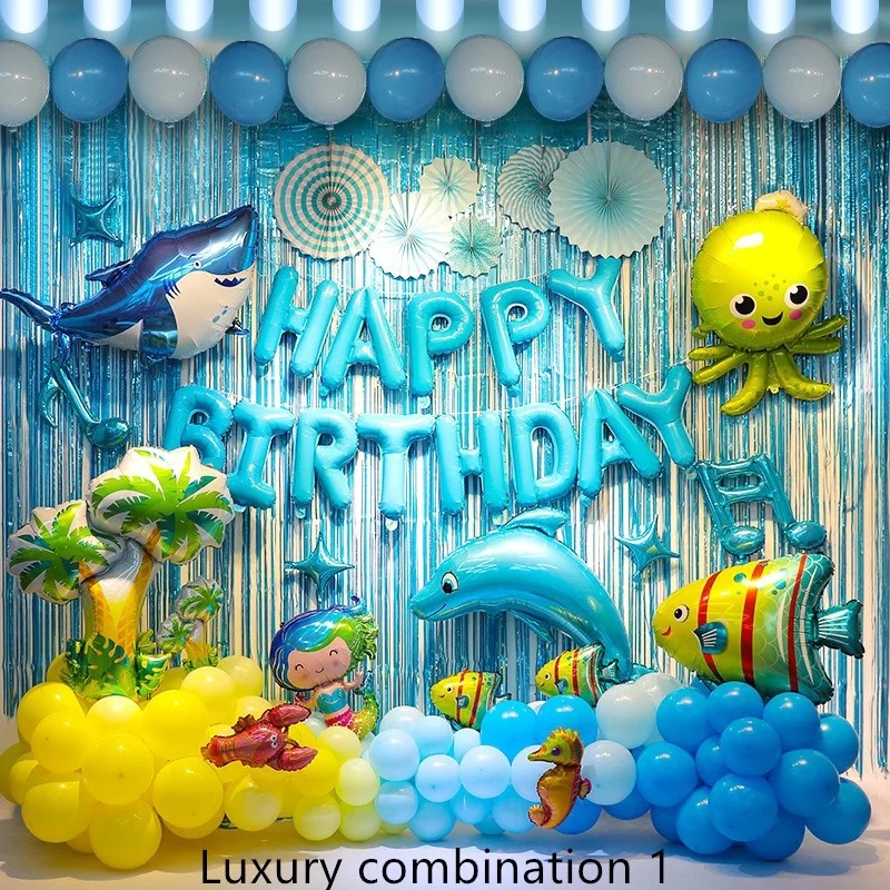 Luxury Blue Ocean Theme Birthday Balloon Set Sea Decoration Boy Girl Birthday Party with Shark Fish Mermaid Background Curtain
Luxury Blue Ocean Theme Birthday Balloon Set Sea Decoration Boy Girl Birthday Party with Shark Fish Mermaid Background Curtain