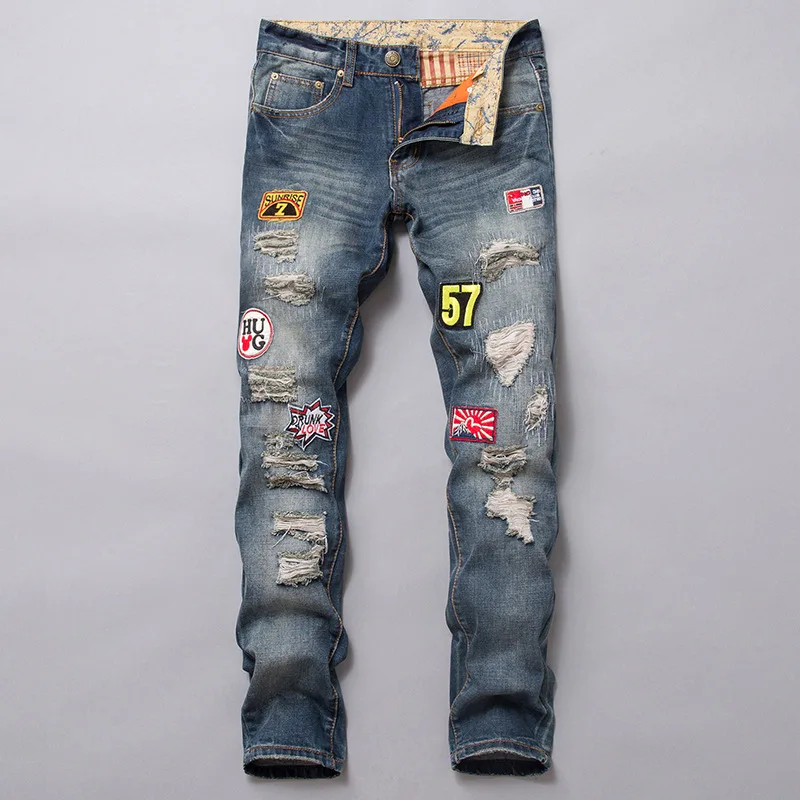 

Men Ripped Jeans Vintage Embroidery Patch Destroyed Frayed Blue Straight Leg Jeans Homme Fashion Hole Distressed Denim Trousers
