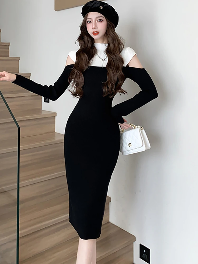 

Женское трикотажное платье-свитер, Черное длинное платье составного кроя с открытыми плечами, элегантное винтажное платье в Корейском стиле Хепберн, Осень-зима 2024