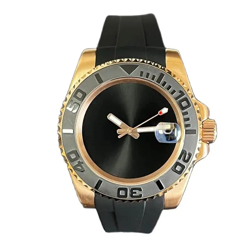 

PVD Rose Gold Automatic Watch for Men NH35 Movement 40mm Case Sapphire Crystal Black Sunburst Sterile Dial Rubber Strap 5ATM