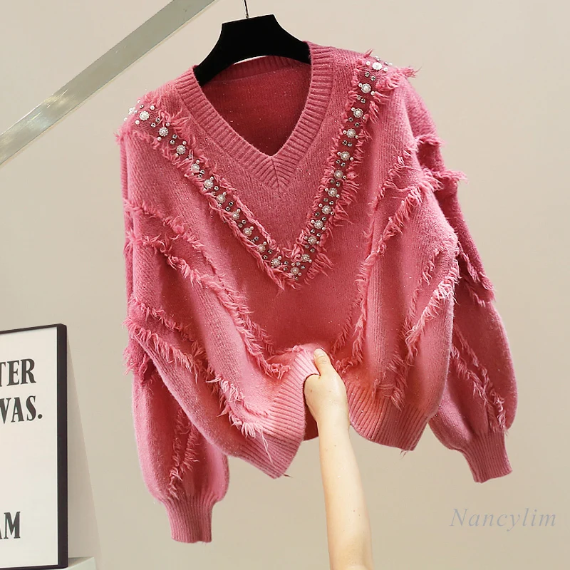

Manual Beaded Diamond Scratch Tassels Loose-Fitting Drop-Shoulder Long-Sleeve Sweater Women's Lazy Fashion Casual Sweaters Top