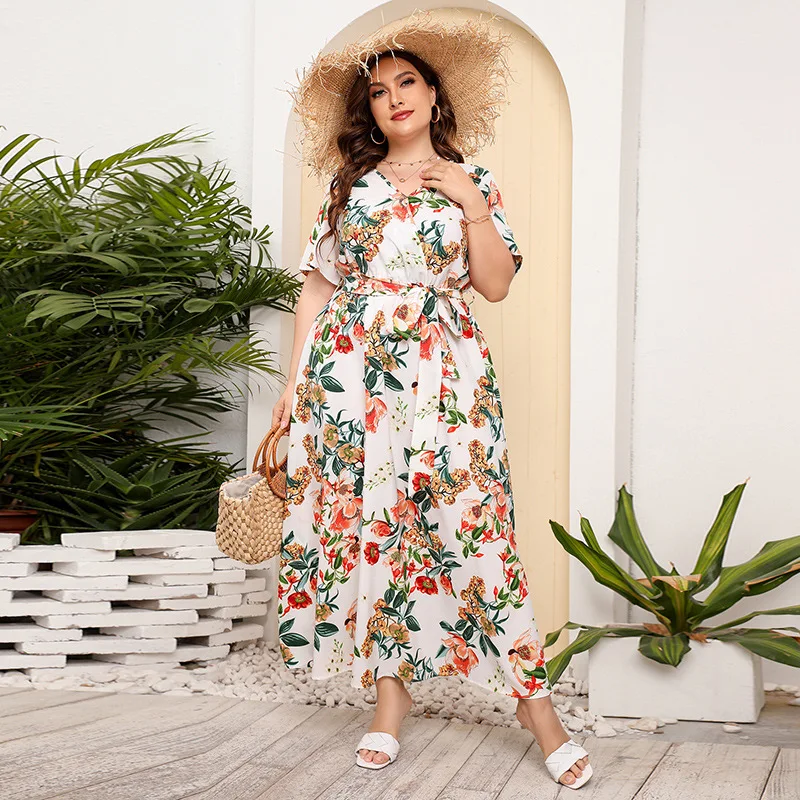 European and American style flower print color matching short sleeved dress for women's large swing skirt
European and American style flower print color matching short sleeved dress for women's large swing skirt