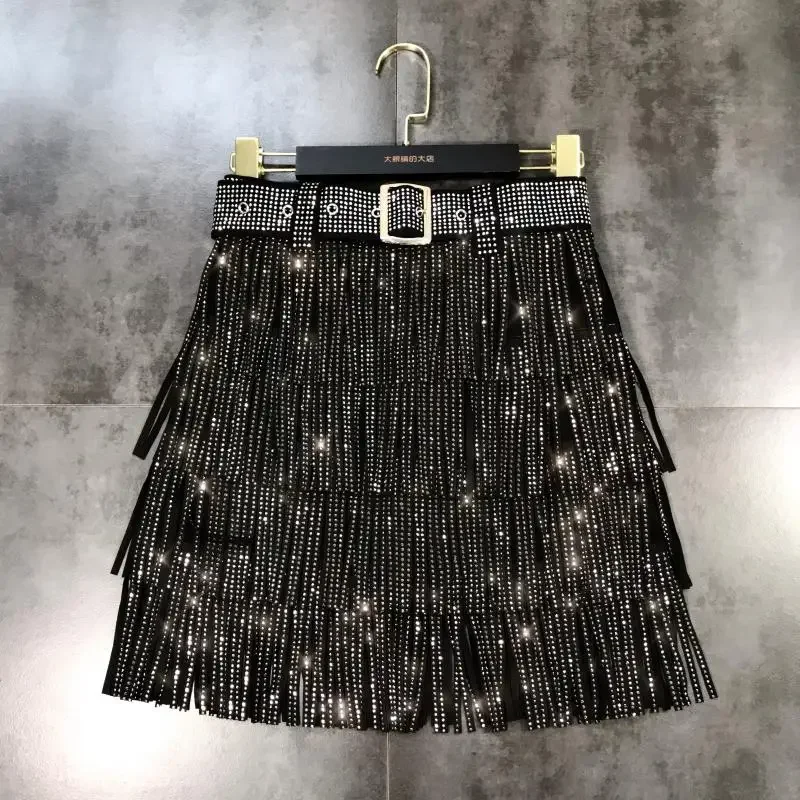 

Women Skirt Fashion 2024 New Autumn High Waist Belt Multi Layer Short Heavy Drilling Rhinestones Fringed Skirt with Cake A Line