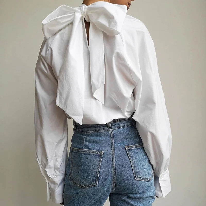 

Fall Bowknot Shirt Women's French Style Turtleneck Stand Collar Design Sense Niche Women's White Shirt Temperament Top Yy18