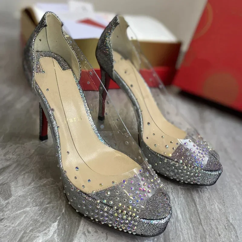

Top Quality Womens High Heels Luxury Fashion Ladies Crystal Glisten Red Sole Shoes Classic Retro Designer 0-12cm High heel