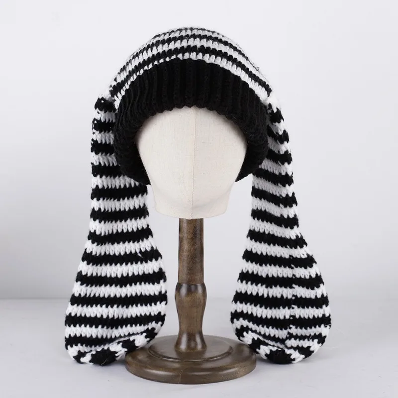 Korean Black and White Striped Long Ear Knitted Wool Hat Autumn and Winter Cute Warm Ear Protection Skull Beanie Hats for Women
Korean Black and White Striped Long Ear Knitted Wool Hat Autumn and Winter Cute Warm Ear Protection Skull Beanie Hats for Women