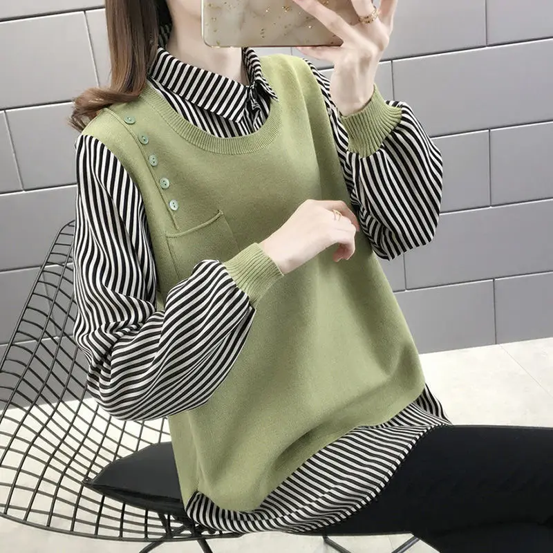 2023 Fashion Striped Knitt Spliced Fake Two Pieces Blouse Woman's Autumn New Commute All-match Pockets Casual Shirts Female Top
2023 Fashion Striped Knitt Spliced Fake Two Pieces Blouse Woman's Autumn New Commute All-match Pockets Casual Shirts Female Top