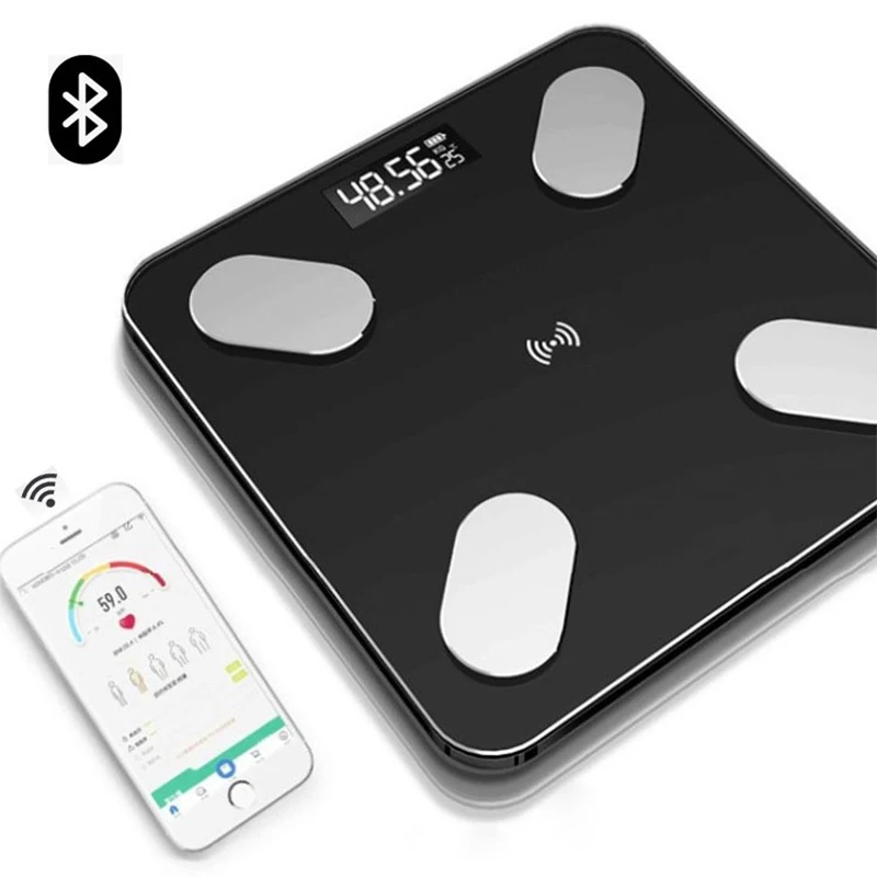 

Электронные весы, цифровой прибор для измерения массы тела и жира, с ЖК-дисплеем и закаленным стеклом, Bluetooth