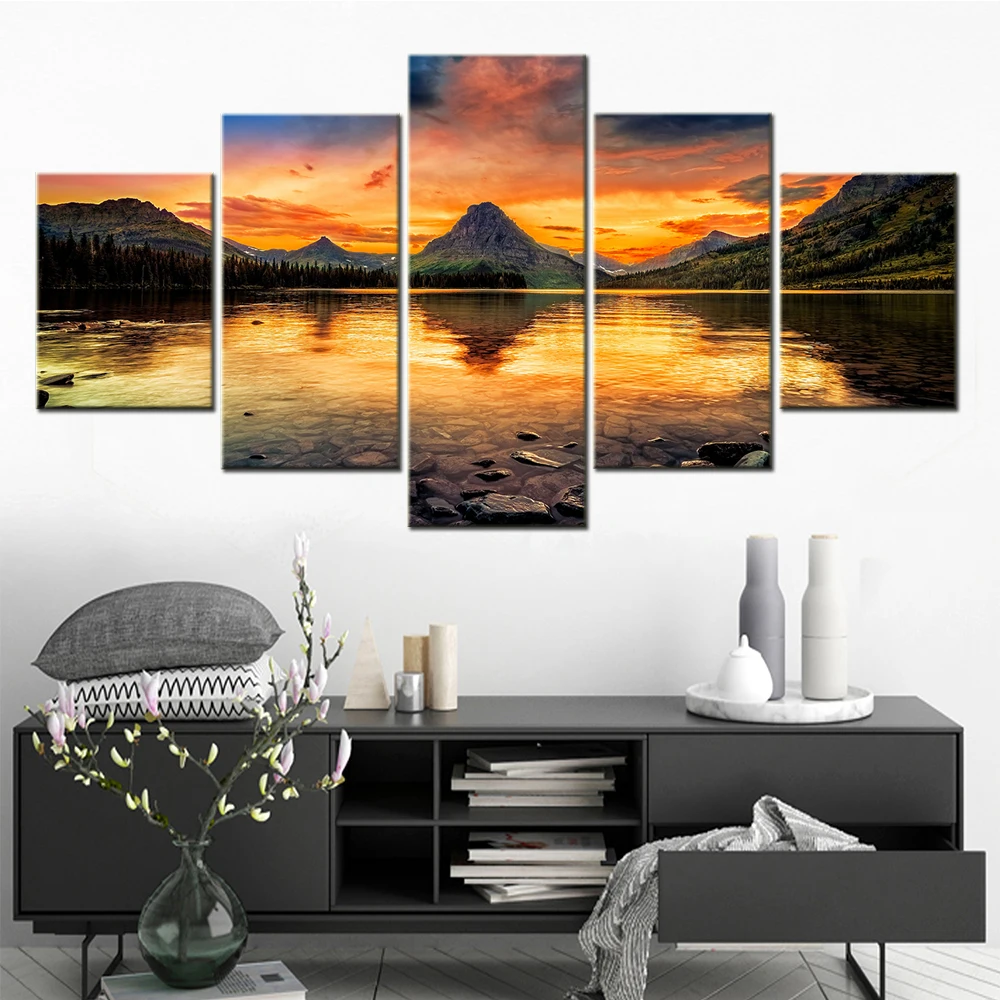 

5 Pieces Canvas Wall Picture Arts Paintings Two Medicine Lake Mountains Glacier National Park Modern Artwork Decor Living Room