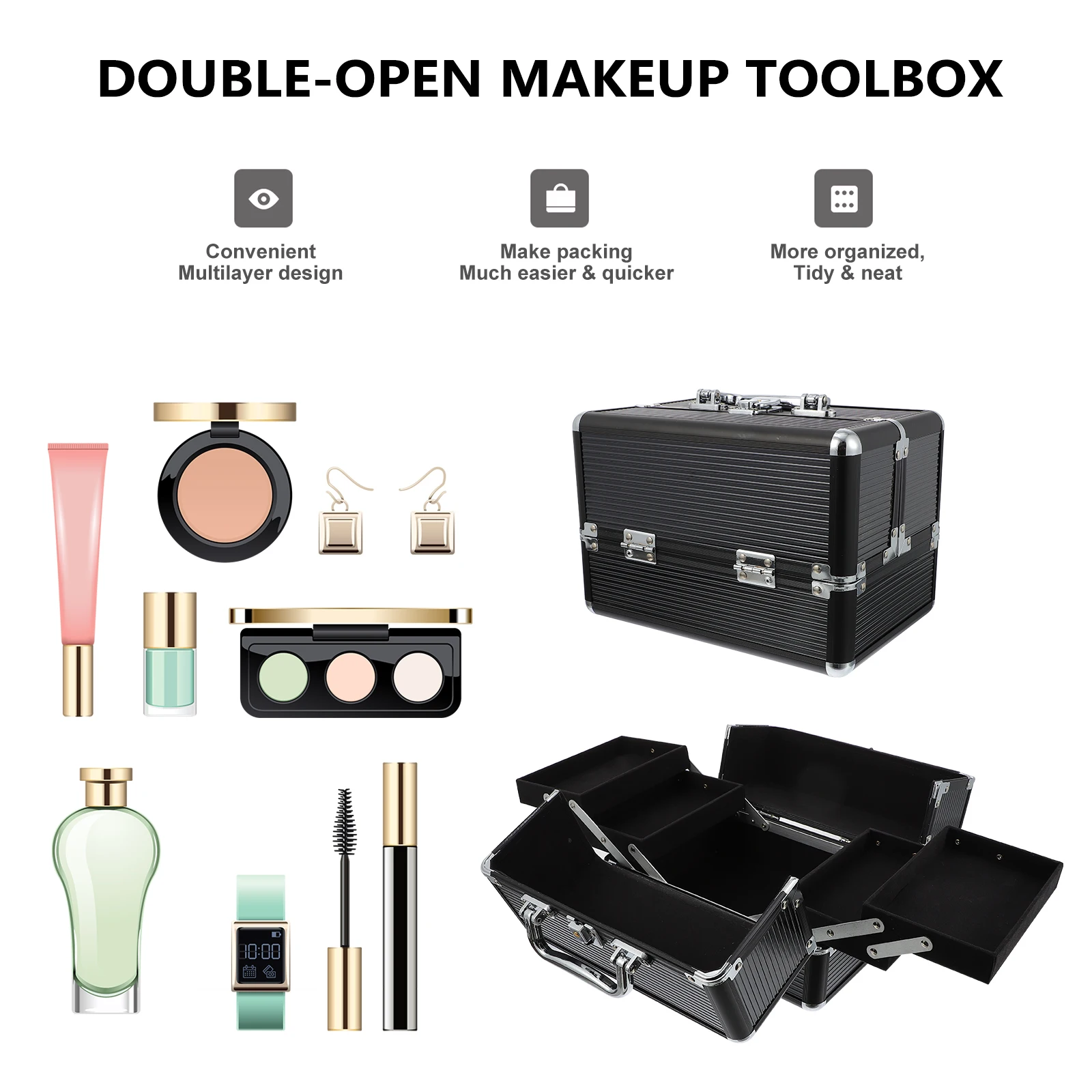Ladies Portable High Appearance Three-layer Foldable Multifunctional Makeup Large Capacity Travel Aluminum Alloy Cosmetics Case
Ladies Portable High Appearance Three-layer Foldable Multifunctional Makeup Large Capacity Travel Aluminum Alloy Cosmetics Case