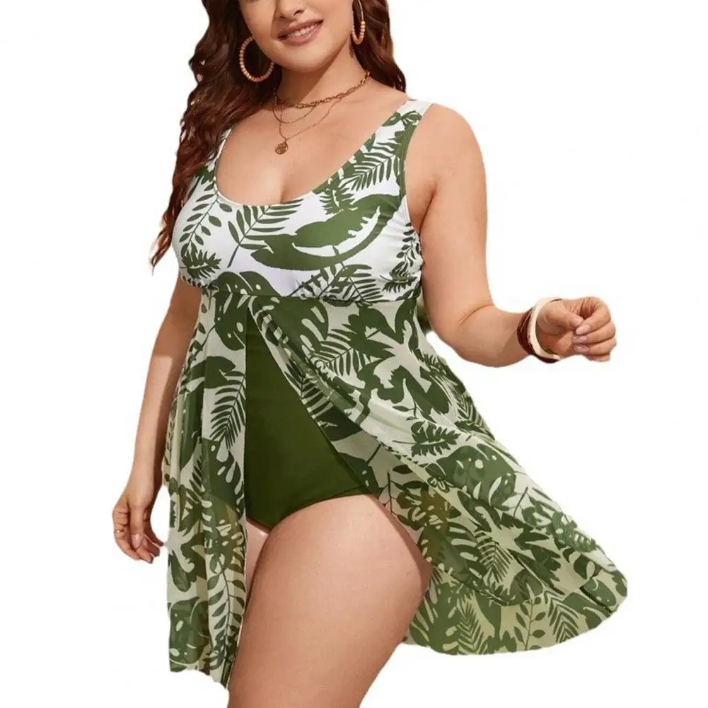 

Slim Fit One-piece Bikini Plus Size Women's Plant Print One-piece Swimsuits U-neck Sleeveless Monokini Ruffle Hem for Tummy
