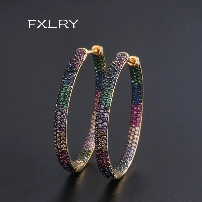 

FXLRY Luxury Colorful Hoop Earrings Gold Color Rainbow Cubic Zirconia Round Big Earings For Women Fashion jewelry