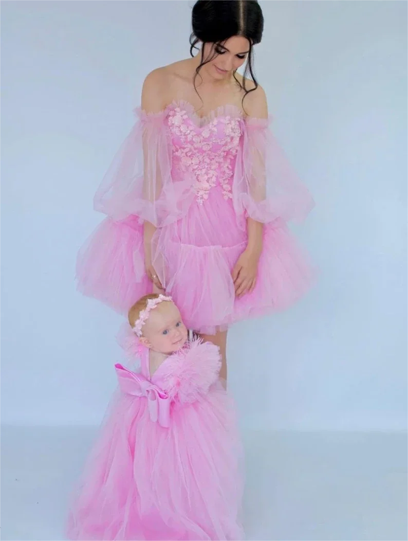 

Pink Fluffy Puff Vestidos Mother Daughter Matching Tutu dress Mommy and Me Outfits for Babyshower or Photoshoot
