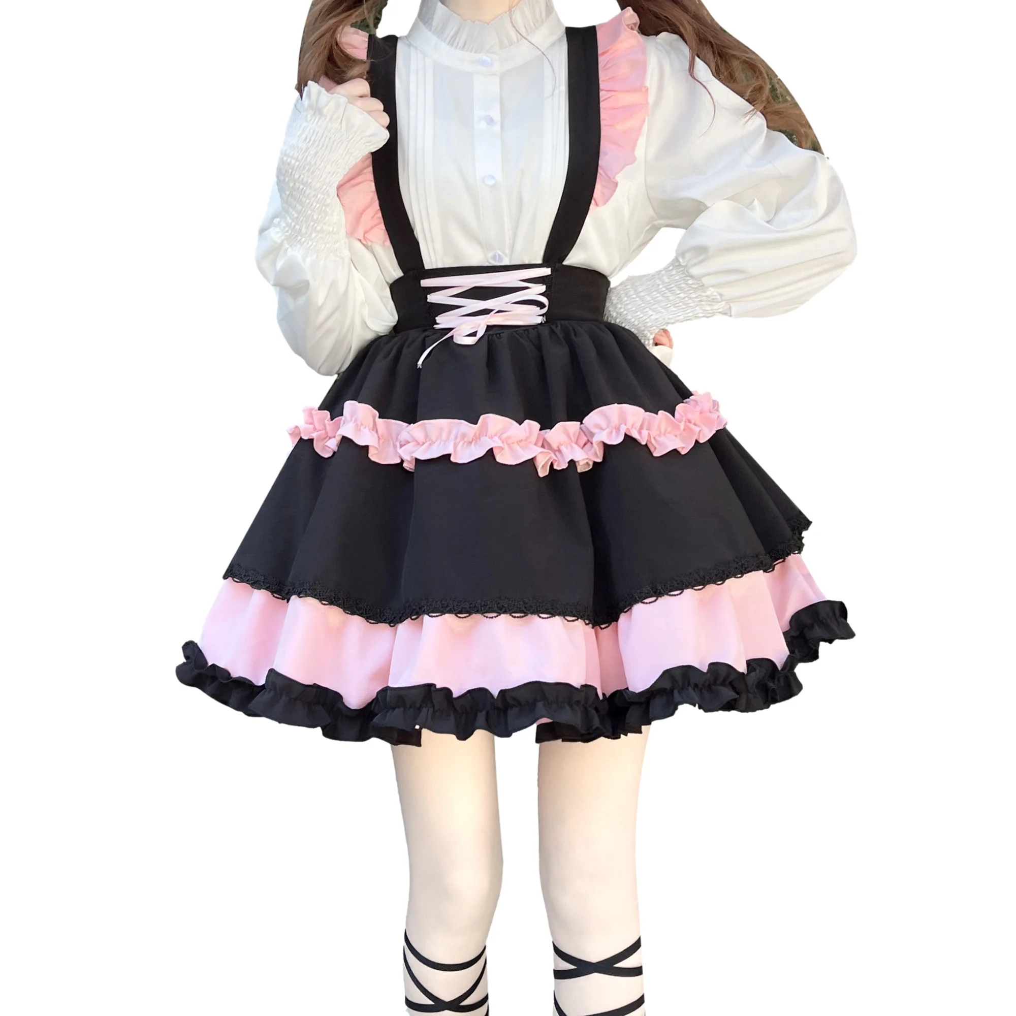 

Japanese Kawaii Lolita Ruffle Suspender Skirt Women Teen Girls Pink Cute Lace Tiered Flared Mini Goth Princess Skirts Black