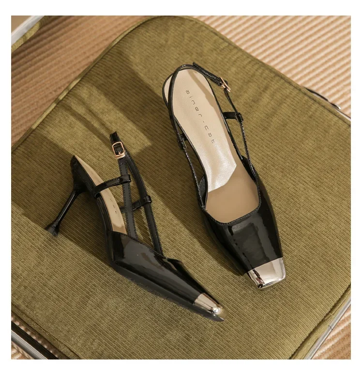 Fashion Square Toe Thin High Heels Women Metal Decoration Cover Toe Design Back Strap Patent Leather Heeled Sandals for Women 12 S64741d94b91b4c0db069ae99b2e3d90ba