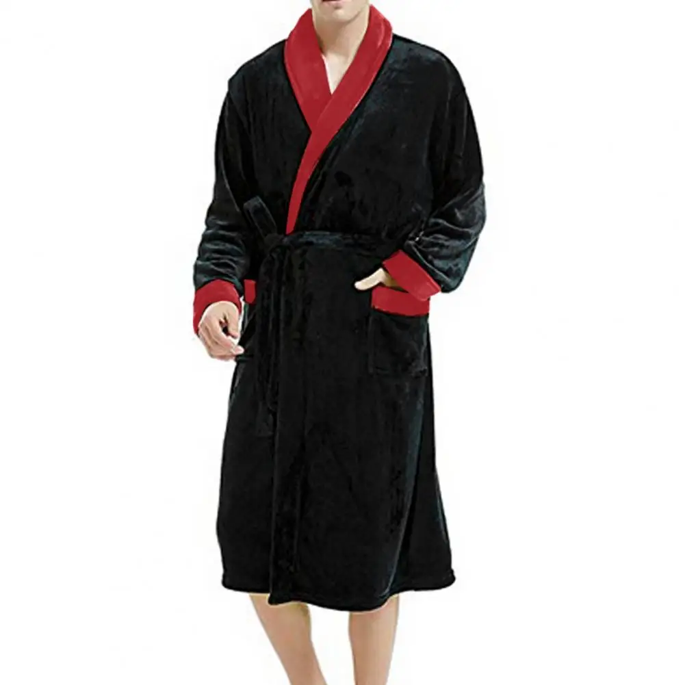 

Unisex Bathrobe Men's Winter Plush Coral Fleece Nightgown with Long Sleeves Tie Waist Pockets Cozy Homewear Robe for Great Water