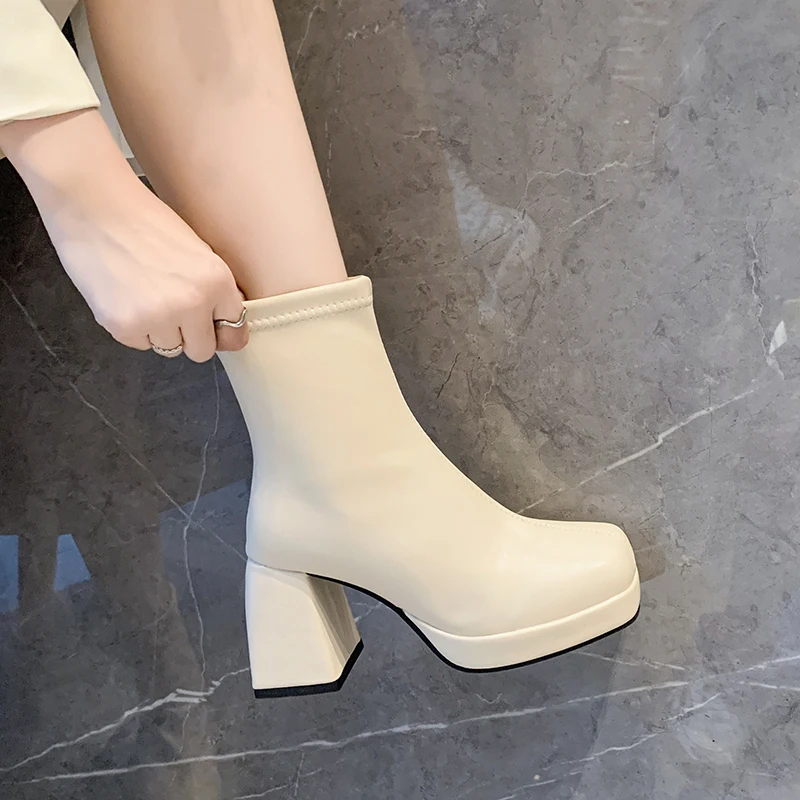 

2023 зимние женские ботильоны базовая обувь для женщин без шнуровки на высоком квадратном каблуке Женская обувь Горячая Распродажа Модные женские ботинки
