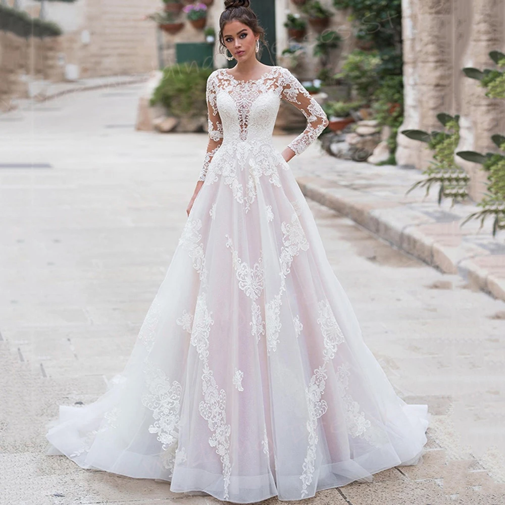 

Женское свадебное платье трапециевидной формы, классическое кружевное платье невесты с аппликацией и длинным рукавом, платье принцессы на пуговицах, 2024